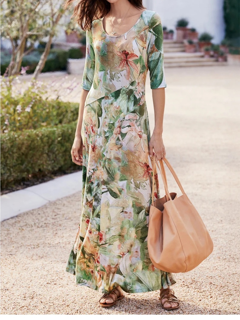 Soft Surroundings Green Floral Scoop-Neck Maxi Dress